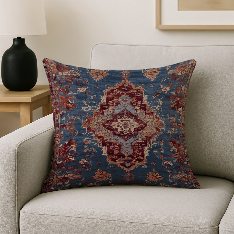Coussin décoratif intérieur et extérieur Modern, Bleu marine / bourgogne / beige damassé, Carré 18 po