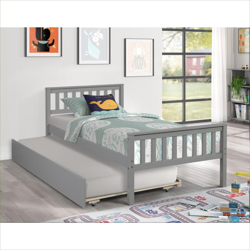 Structure de lit plateforme simple en pin massif gris classique avec lit gigogne coulissant, aucun sommier requis pour les petits espaces de vie