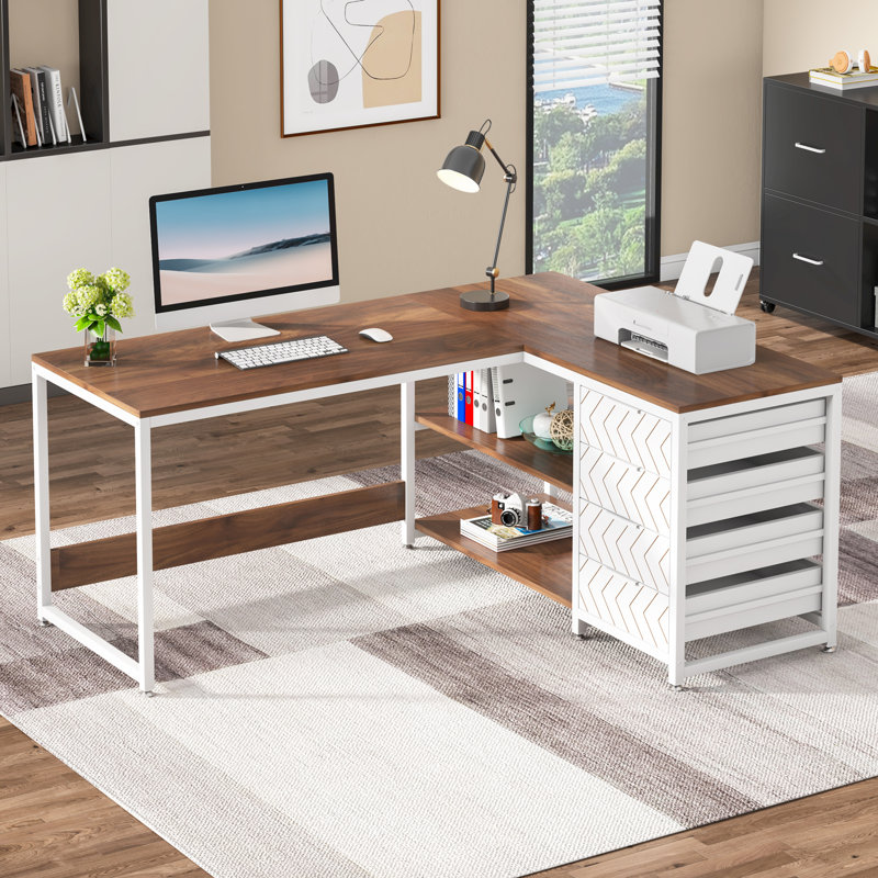  Bureau d'ordinateur en L 59 po pour bureau à domicile, petit bureau d'angle avec 4 tiroirs, Brun / Blanc