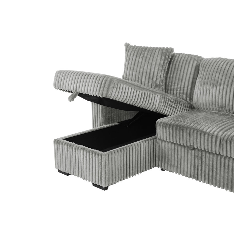 Canapé-lit modulaire réversible CloudRest de 117 po avec méridienne rembourrée en velours côtelé, Tissu gris