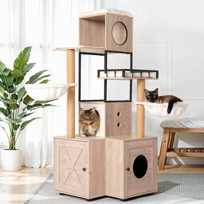 Arbre à chat avec litière, poteaux à griffer et porte-jouets