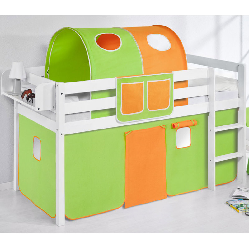 Basic Mid Sleeper Bed with Curtain, European Single (90 x 200cm), Green/Orange