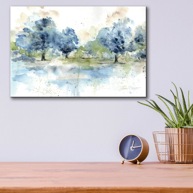 «Washy Blue Landscape A» par Jean Plout, art mural en verre acrylique, H 12 po x l 16 po x P 0,13 po