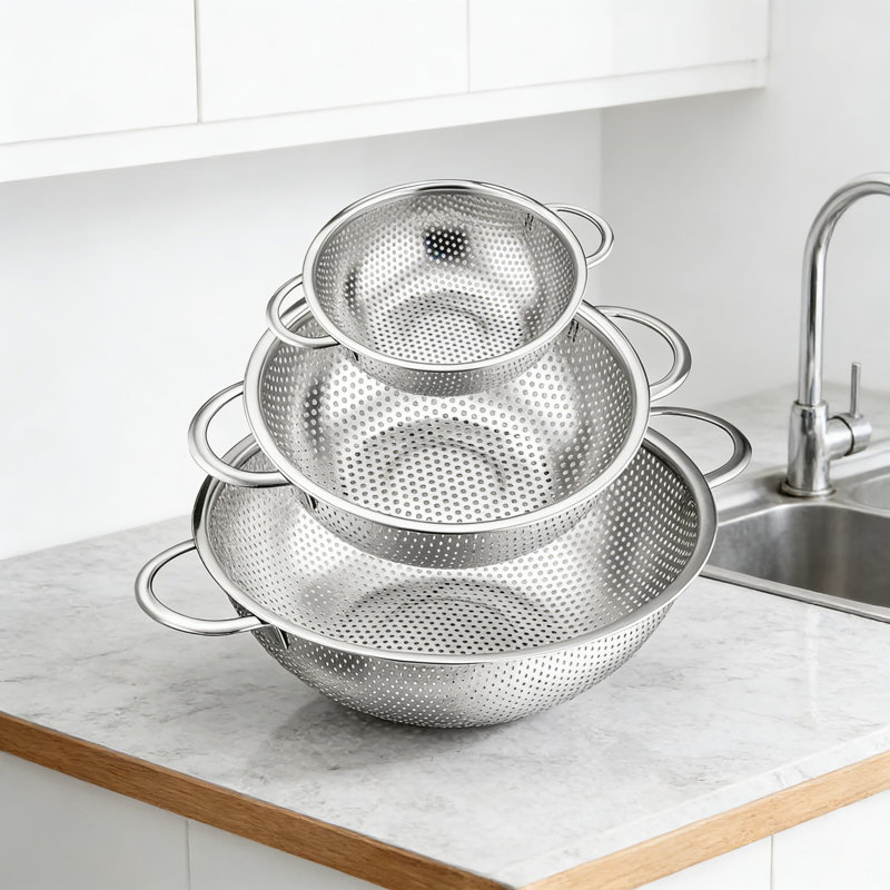 Ensemble de passoires en acier inoxydable 3 pièces avec trous micro-perforés pour égoutter les pâtes, rincer les fruits et les légumes, les crépines de cuisine résistantes au lave-vaisselle (1, 3, 5 pintes)