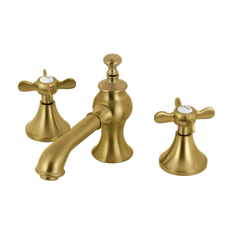 Kingston Brass Essex Two-Handle 3-Hole Deck Mount Widespread Bathroom Faucet with Brass Pop-Up Drain, Satin Brass