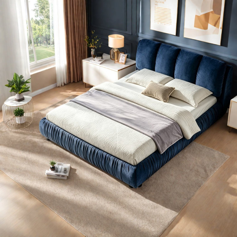 Grand lit moderne avec cadre en panneau de fibres à densité moyenne et velours spacieux