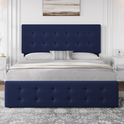 Bed Frame with 4 Storage Drawers and Headboard, Flax Fabric Upholstered Platform Bed Frame with Wooden Slats Support