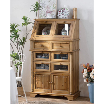 American Country Style Fir Tempered Glass Accent Cabinet