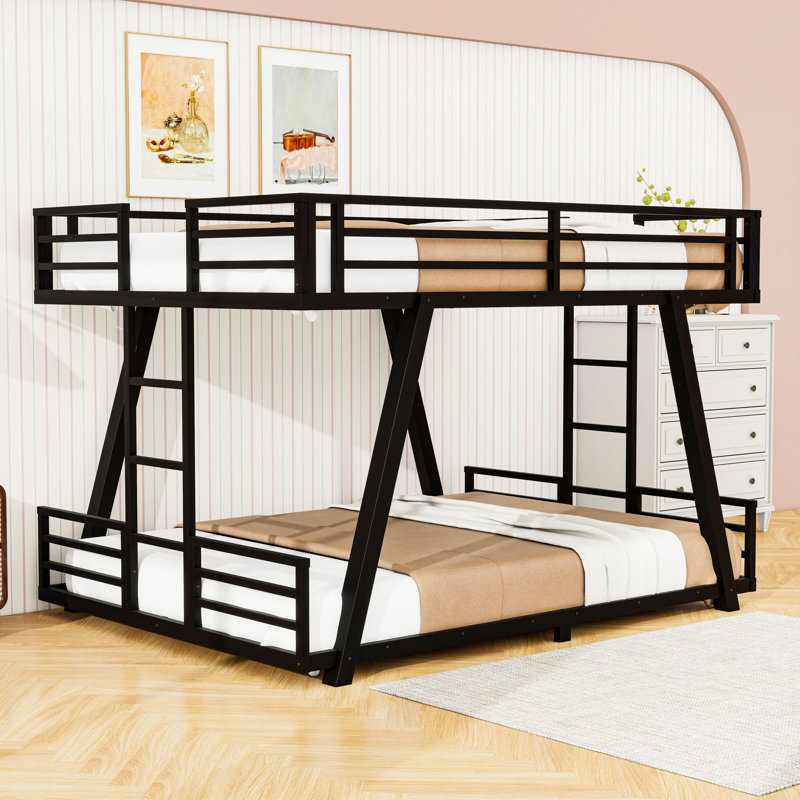 Metal Bunk Bed with Dual Side Ladders, Reinforced Support Legs & Low Profile Frame, Queen Over Queen
