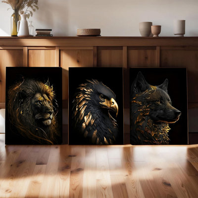 3PCS Wall Arts Posters Framed, Set of 3 Animal Canvas Wall Art Lion Eagle Wolf Head Prints with Golden Accents Modern Abstract Home Decor for Living Room Bedroom Office No Frame Ready to Hang