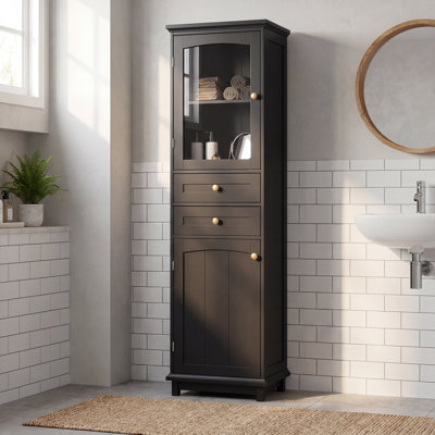 63" Tall Black Bathroom Storage Cabinet With Glass Doors, Free-Standing White Cabinet With 2 Drawers & Adjustable Shelves