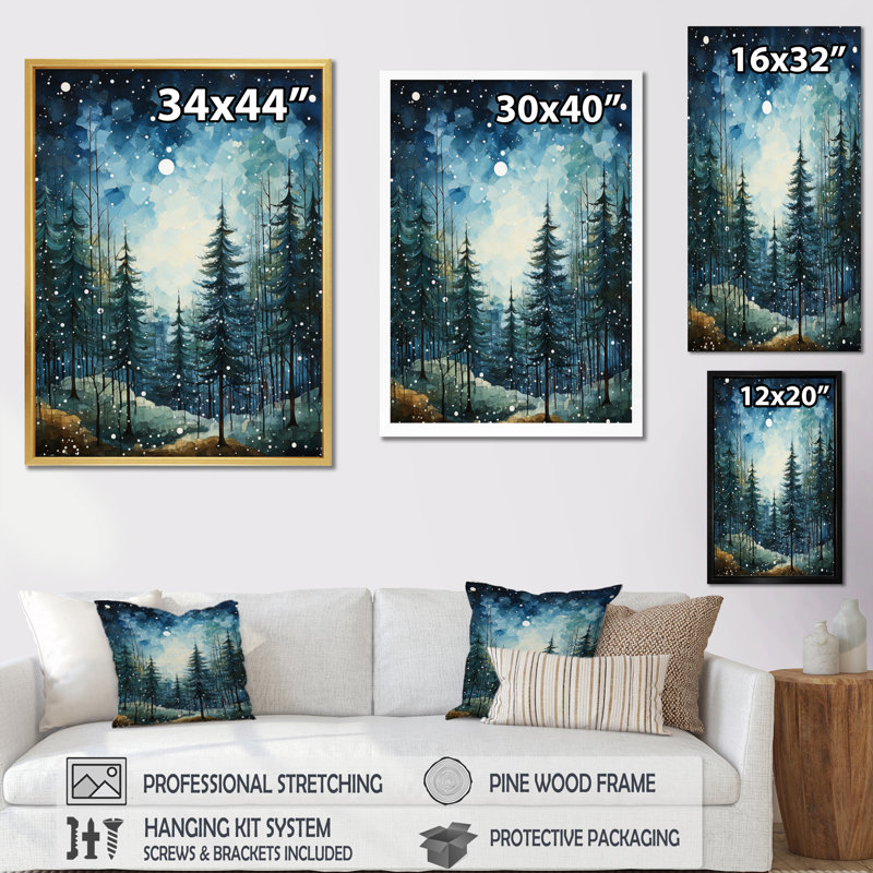 «Winter Snowy Evergreen I - Winter Landscape», reproduction sur toile, H 20 po x l 12 po x P 1 po, Cadre flottant brun