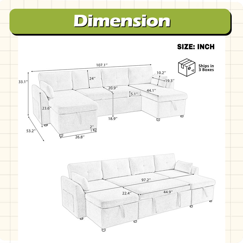 Canapé-lit modulaire moderne en U avec canapé-lit de 107 po avec amplement d'espace de rangement et ports USB pour le salon