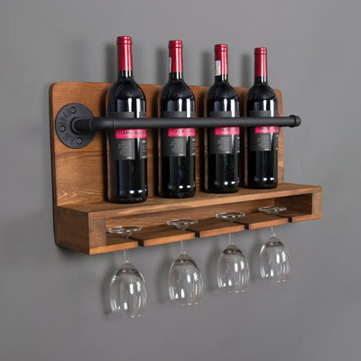Wanakah 4 Bottle Solid Wood Wall Mounted Wine Bottle & Glass Rack in