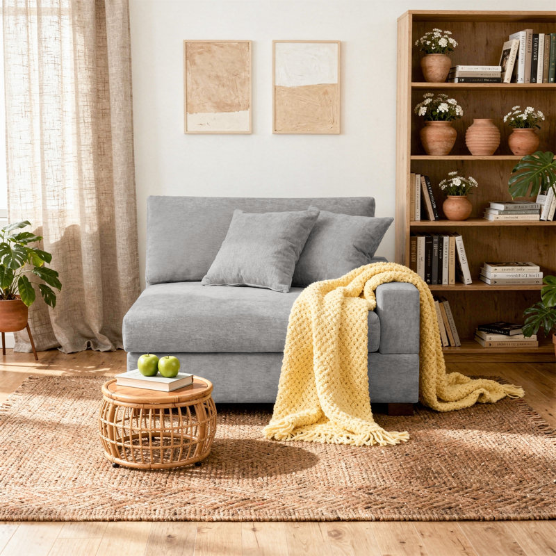 Upholstered Gray Chenille Armchair with Pillow Back, One Arm Single Chair Module Part For Sectional Sofa, Gray, Chenille