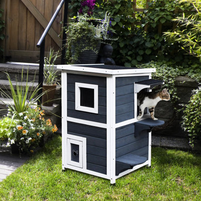 Outdoor Cat Shelter With 2 - Story Wooden Design, Escape Door, Asphalt Slanted Roof, Dark Gray, Hinged Roof For Cleaning, 20"L X 20"W 32"H House, Gray Roomy Cats, Easy To Clean,