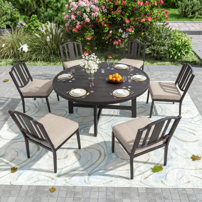 Patio Aluminum Round Dining Set With Sunbrella® Cushions And Umbrella Hole For 6 Person