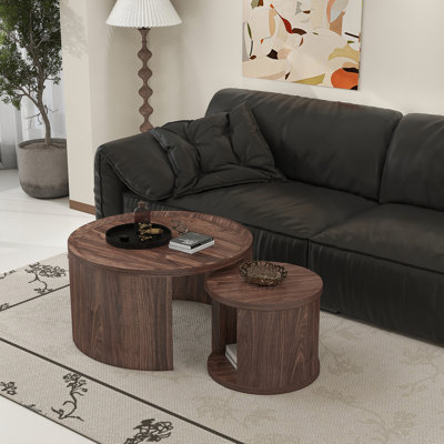 Round Nesting Coffee Table Set Of 2, Natural Wood Color Coffee Table, 31.5" Large & 18" Small Low Tables With Wood Top, Center Table For Living Room,