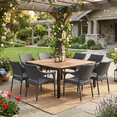 Ensemble de salle à manger d'extérieur 9 pièces, grande table en bois massif de 162 cm et chaises en osier gris pour 8 personnes, idéal pour terrasse, patio ou jardin.
