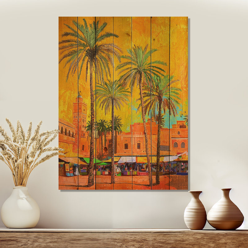 Désert, oasis, Marrakech, Maroc, impression sur bois vert, bois de pin naturel, H 44 po x l 34 po