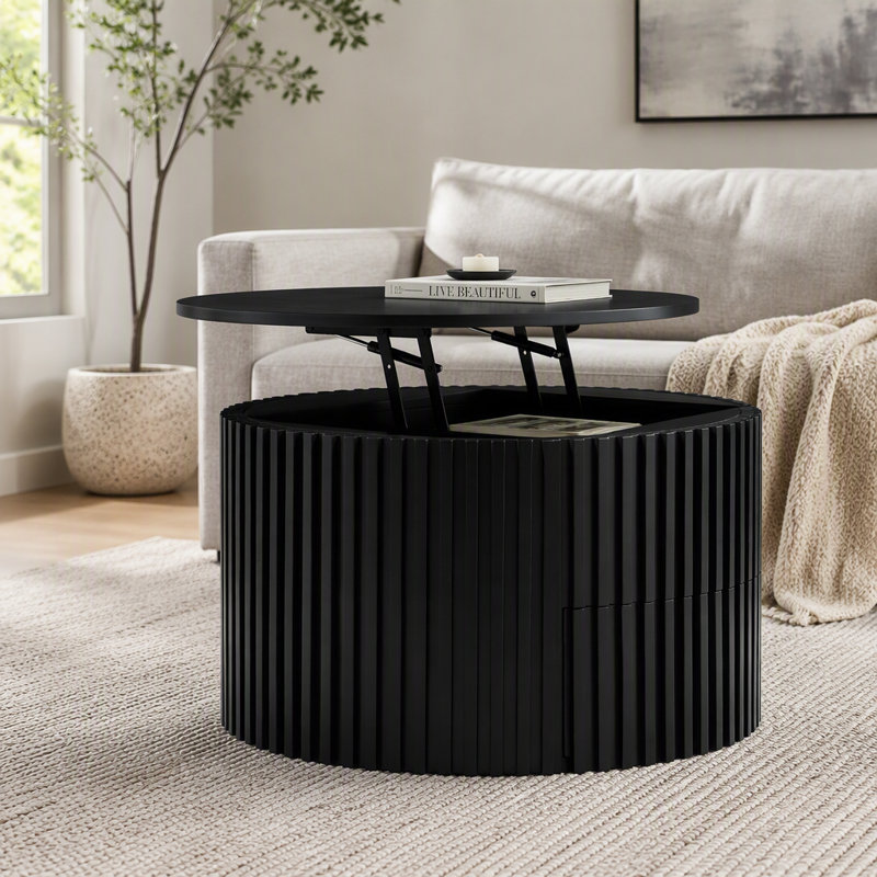 Table basse ronde à plateau relevable, table d'appoint moderne en bois cannelé avec rangement caché pour le salon, Noir