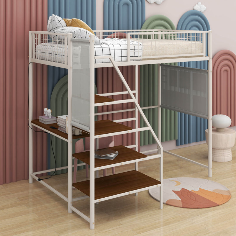 Twin Size Loft Metal Bed With Built-In Charging Station And LED Light, White