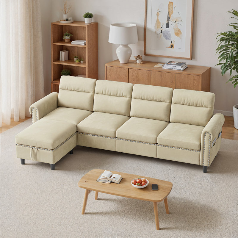 92.9”Suede U/L-Shaped Sectional Sofa With Storage Ottoman & Side Pocket – Large Living Room Couch, Beige Suede