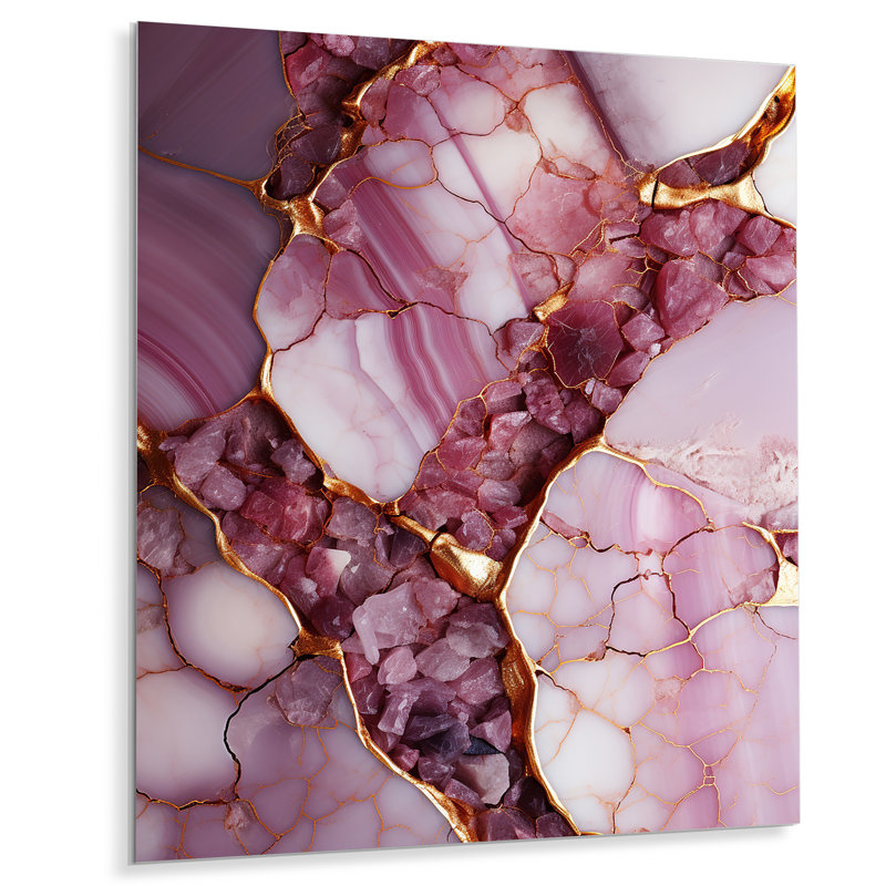 «Pink and Gold Marble River III», reproduction d'art murale abstraite en métal, H 32 po x l 16 po x P 1 po