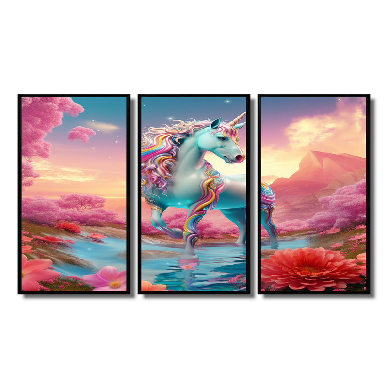 Ensemble de salon magique avec licorne blanche et fleur magique, Cadre flottant noir, H 32 po x l 48 po x P 1 po