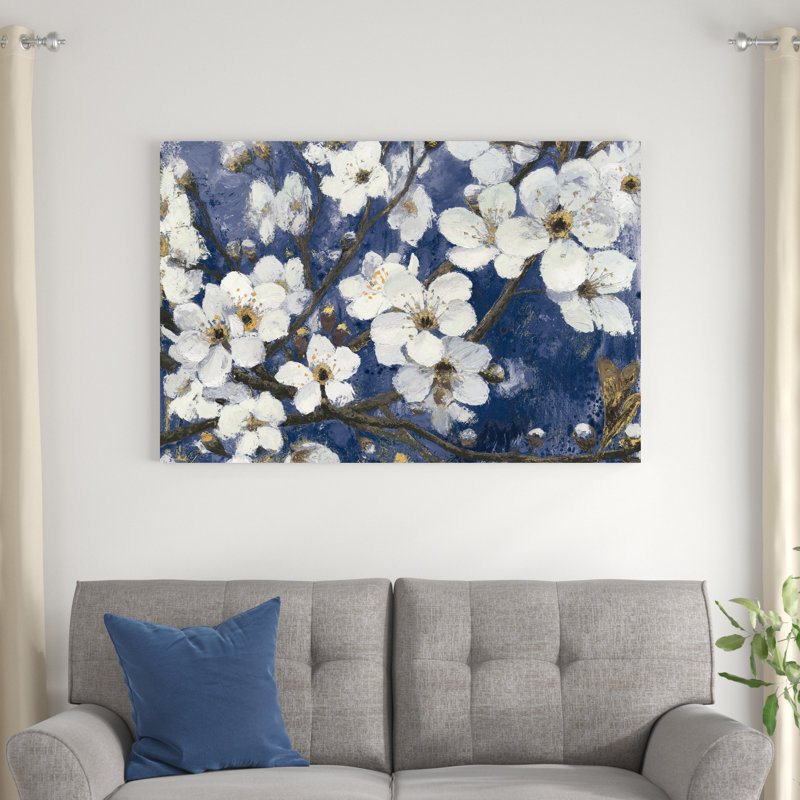 Fleurs de cerisier I indigo, H 48 po x l 32 po