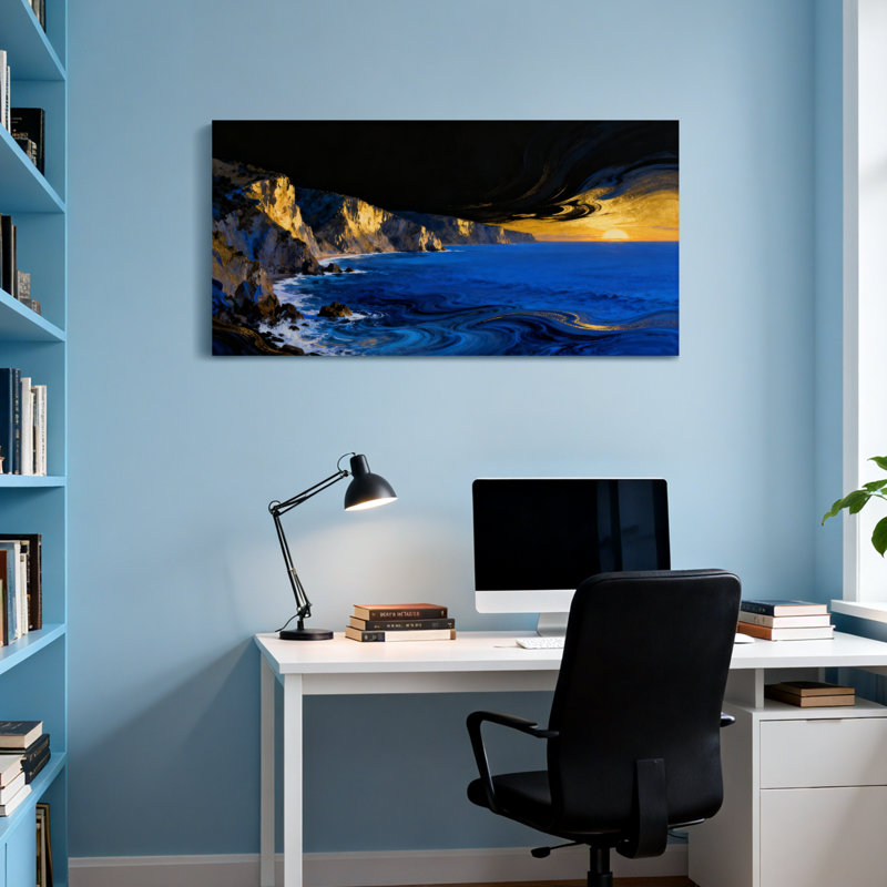 Nautique et plage, océan, vagues, coucher de soleil, falaises, art sur toile, H 28 po x l 58 po