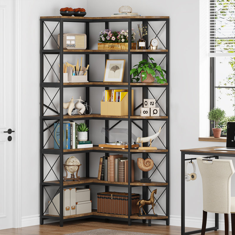 Kelsch Reversible Corner Bookcase, L-Shaped Bookshelf, Brown