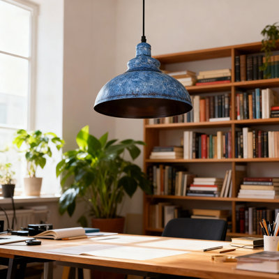 Vintage Blue Enamel Metal Pendant Light, 1-light, Adjustable Cord