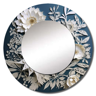 Odeline White And Blue Flowers Bouquet Elegance - Bouquet Wall Mirror, Traditional Round Decorative Mirror, Printed Metal Art