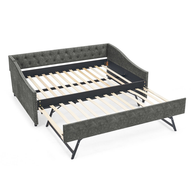 Full Size Upholstered Daybed with Wave-Shaped Copper Nail Armrest and Button Tufted Back, Equipped with USB Charging Port and Twin Size Pull-out Extendable Bed Frame