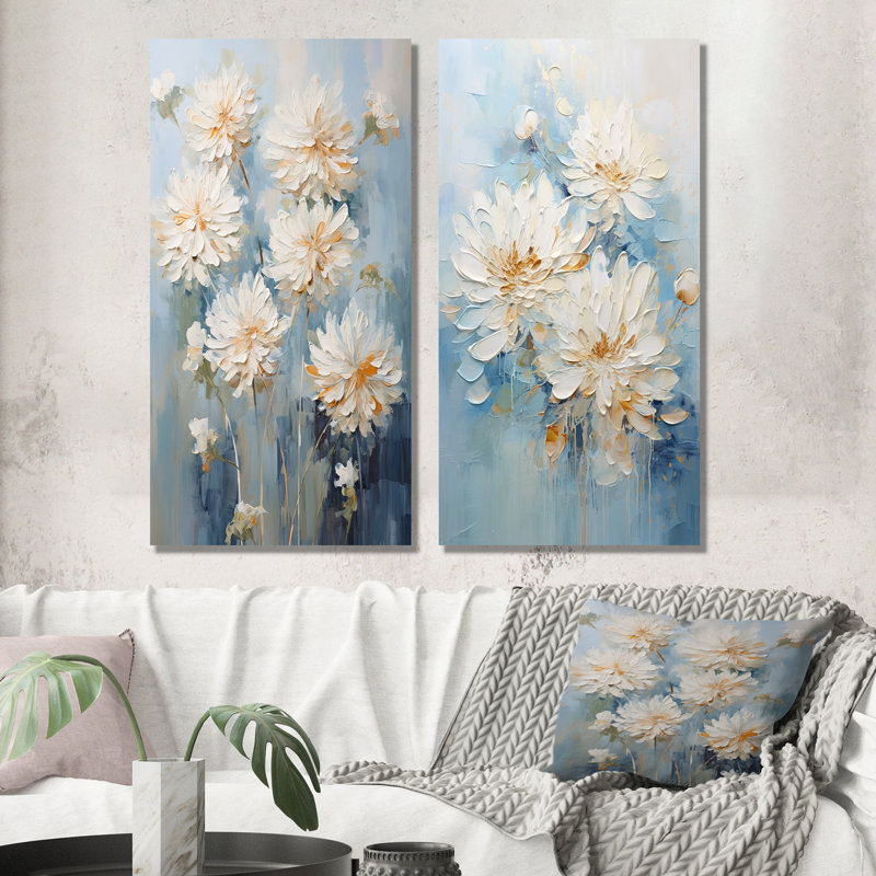 «White and Blue Chrysanthemums Painted Ink», ensemble de 2 reproductions d'art mural, H 28 po x l 25 po, Toile tendue