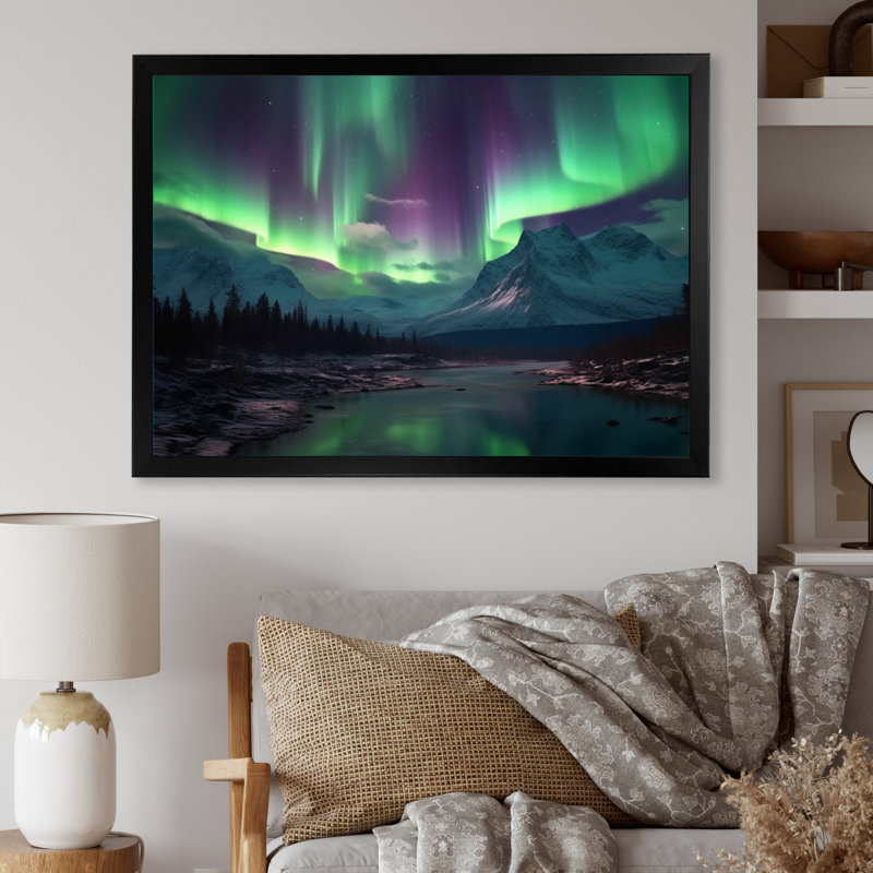 Northern Lights In Alaska III - Alaska, art mural, H 16 po x l 32 po x P 1 po, Cadre photo noir