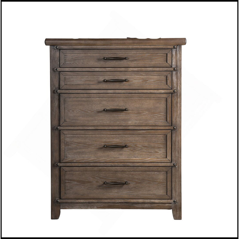 Mobilier de chambre à coucher à panneau à 5 tiroirs de style transitionnel avec finition brune et commode à 1 tiroir