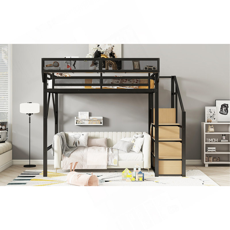Full Size Loft Bed With Stairs, Metal Full Loft Bed With Storage Shelves, High Loft Bed With Wardrobe For Kids Teens