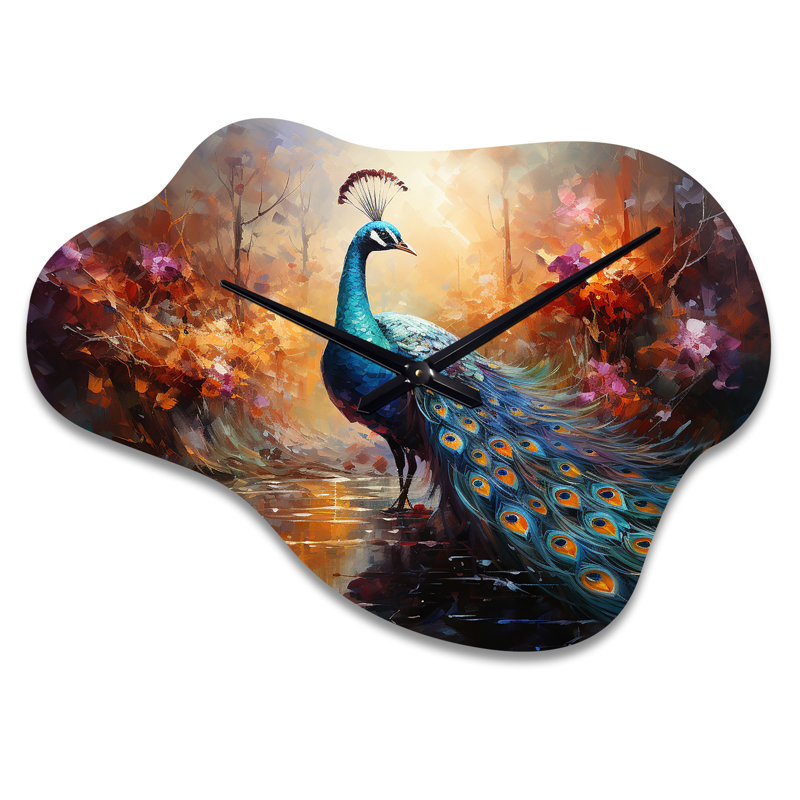 Peacock Expressionist Portrait II - Peacock Cloud horloge en métal, horloge asymétrique bleue, Grand