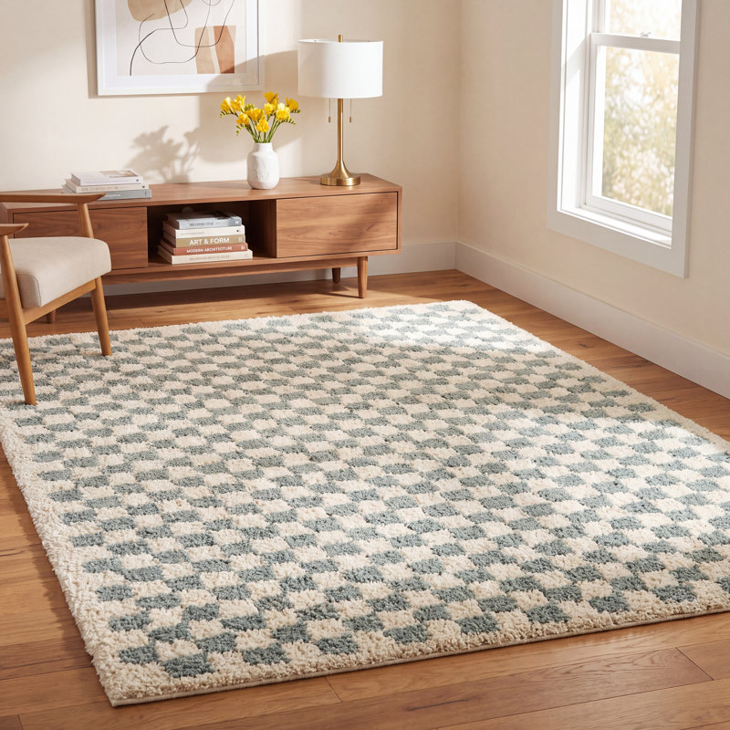 Walker Checkered Sage/Cream Shag Area Rug, Rectangle 5'3" x 7'
