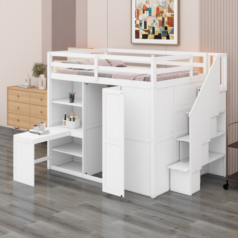 Lit mezzanine avec garde-robe, bureau et tablettes, Blanc