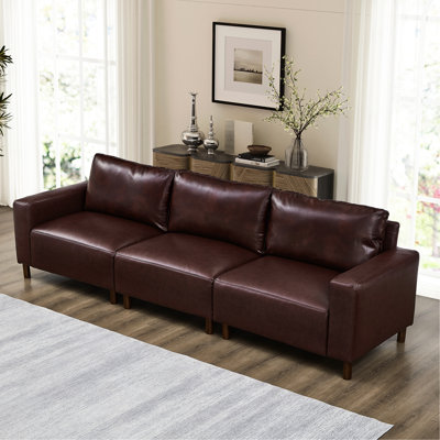 112" Three Seat Breathable Pu Leather With Solid Wood Legs, Burgundy Color, Easy Assembly And Soft Back Cushions For Living Room Apartment