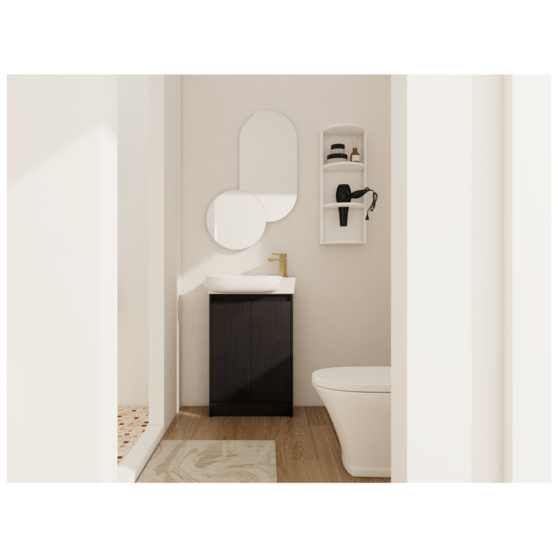 Meuble-lavabo autoportant de 23 po avec lavabo intégré et support de rangement assorti, finition châtaignier noir ou blanc brillant, fabrication en contreplaqué