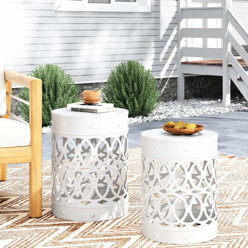 Charming Outdoor Metal End Table S/2, White Powder-Coated Iron, Modern Design With Iron Cut, No Assembly Required, 13.54W X 13.54D 17.68H & 12.00W 12.00D 16.00H S/2 Tables, Look, Cut Design, Assembly,