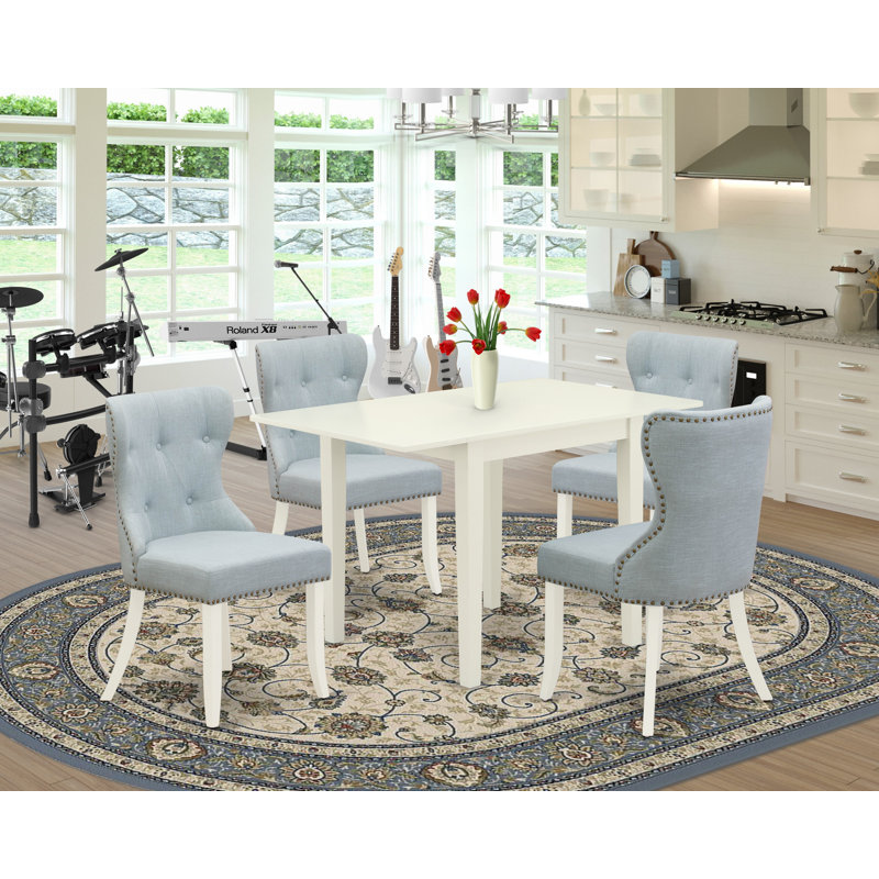 Ensemble de salle à manger 5 pièces comprenant une table de salle à manger rectangulaire avec Dropleaf et 4 chaises de salle à manger Parsons bleu lin, blanc lin