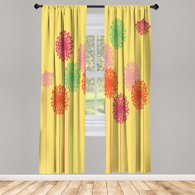 Microfiber Floral Semi-Sheer Rod Pocket Curtain Panels, 28" W x 63" L, Yellow/Red