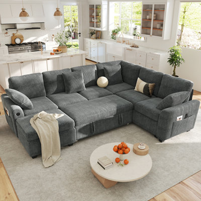Macleod 106" Upholstered Corduroy L Shaped Modular Sectional Sleeper Sofa with Pull Out Bed and Storage Ottoman
