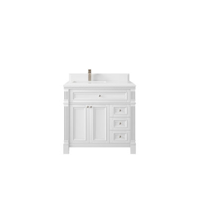 Paris 36 In. W X 22 In. D Left Offset Sink Bathroom Vanity In White With Cove Edge White Quartz