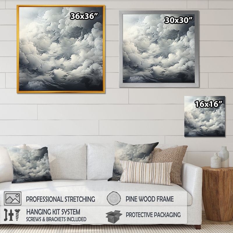 Tempête de nuages noirs et blancs sur toile, H 30 po x l 30 po x P 1 po, Cadre photo noir